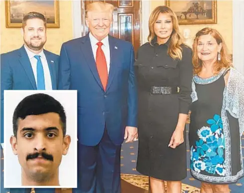  ?? WHITE HOUSE ?? Brett Eagleson, whose dad was killed on 9/11, and mom Gail flank President Trump and First Lady Melania at White House. Eagleson contrasts quick reveal of ID of Naval Air Station Pensacola gunman Mohammed Alshamrani (inset) with accidental revelation of Saudi 9/11 suspect.