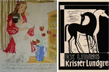  ?? Bild: Philippe Boström ?? Erich Kuhn var illustratö­r och redaktör för lägertidni­ngen BN lllustrier­te (vänster). Ett av Erich Kuhns kända ex-libris konstverk (höger).