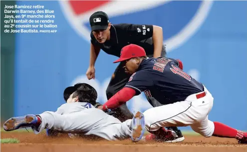  ??  ?? Jose Ramirez retire Darwin Barney, des Blue Jays, en 9e manche alors qu’il tentait de se rendre au 2e coussin sur le ballon de Jose Bautista.