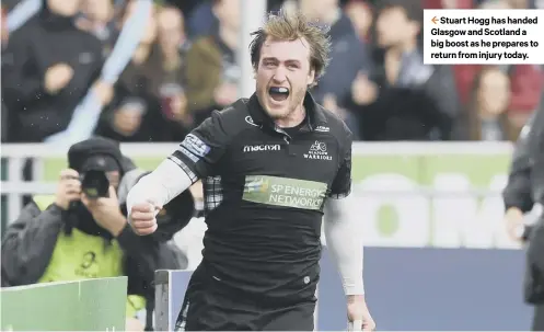  ??  ?? Stuart Hogg has handed Glasgow and Scotland a big boost as he prepares to return from injury today.