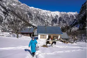  ?? AP Photo/Dar Yasin ?? ■ Masrat Farid, a health care worker, carries vaccines on Jan. 12 as she walks on a snow-covered field after administer­ing doses to young girls in Gagangeer in Indian-controlled Kashmir.