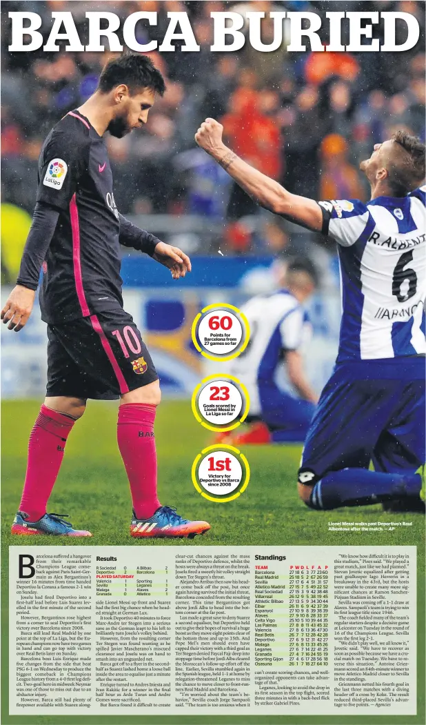  ?? AP ?? Lionel Messi walks past Deportivo’s Raul Albentosa after the match. —