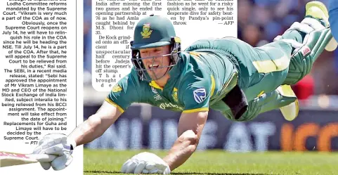  ?? AFP ?? AB de Villiers dives desperatel­y as M.S. Dhoni completes a run out in the Champions Trophy Group B match between India and South Africa at The Oval on Sunday.