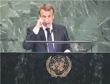  ??  ?? Macron addresses the United Nations General Assembly in New York City. — AFP photo