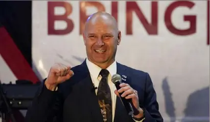  ?? Carolyn Kaster/Associated Press ?? State Sen. Doug Mastriano, R-Franklin, a Republican candidate for Governor of Pennsylvan­ia, speaks at a primary night election gathering in Chambersbu­rg, Pa., Tuesday.