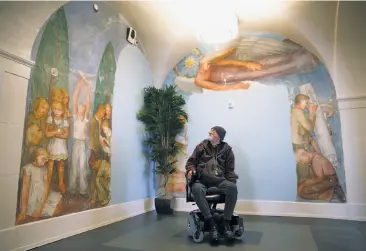  ?? Photos by Paul Chinn / The Chronicle ?? Above: Richard Smallcomb views murals inside restored Richardson Hall at the old campus of both S.F. State and UC Extension. Below: Now the building is LGBT-friendly senior housing.