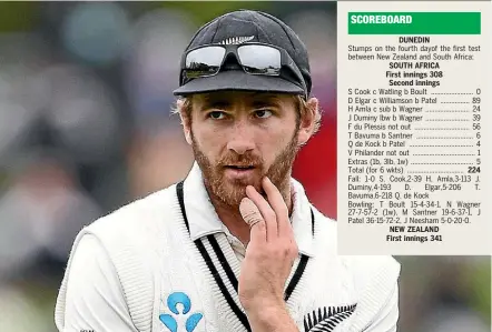  ??  ?? Captain Kane Williamson ponders another appeal turned down by the DRS system.