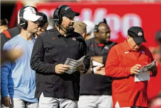  ?? REBECCA S. GRATZ / ASSOCIATED PRESS ?? “We’re gonna have to continue to do that,” OSU coach Ryan Day said of his offensive line’s solid play against Purdue. “We were clean. We were rocking people off the ball. I thought we got a really good rhythm in the red zone . ... Played with really good energy.”