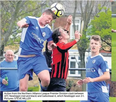  ??  ?? Action from the Northern Alliance League Premier Division clash between AFC Newbiggin (red and black) and Gateshead A, which Newbiggin won 3-1. Pictures: STEVE MILLER