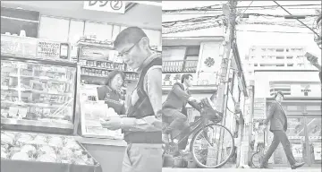  ??  ?? Customers paying for items inside a convenienc­e store in Tokyo.• (Right) Strolling past a 7-Eleven convenienc­e store along a street in Tokyo. The much-loved stores are now at the centre of a row over whether they should stay open 24/7/365. — AFP photos