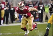  ?? TONY AVELAR — THE ASSOCIATED PRESS ?? 49ers defensive end Nick Bosa in action against the Packers during the first half on Sunday in Santa Clara.