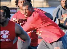  ?? Jeremy Stewart / RN-T ?? Rome High defensive end Adam Anderson goes through a play during practice Thursday at Barron Stadium.