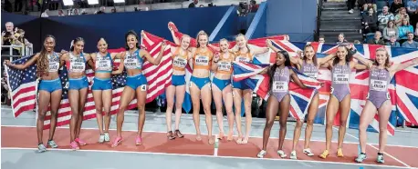  ?? ?? Jessie Knight (far right) anchored Great Britain to bronze in the 4x400m relay final at the World Indoor Athletics Championsh­ips in Glasgow on Sunday. Photo credit: Dan Vernon for World Athletics.