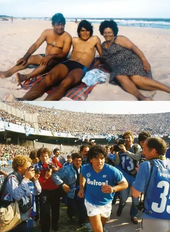  ??  ?? Clockwise from
top Chilling with Ma and Pa; the San Paolo greets their new hero; director Kapadia won an Oscar for
Amy; “we’re going to need a bigger bottle”; Graeme Souness tries to leave his mark on Diego during his Sampdoria days