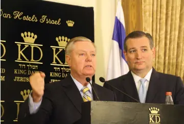  ??  ?? US SENATORS Lindsey Graham (left) and Ted Cruz address the media at the King David Hotel yesterday.