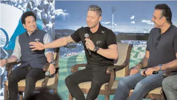  ?? PTI ?? Cricket legend Sachin Tendulkar (from left), former Australian captain Michael Clarke and Indian team coach Ravi Shastri at a book launch in Mumbai on Monday. —