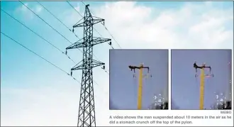  ?? WEIBO ?? A video shows the man suspended about 10 meters in the air as he did a stomach crunch off the top of the pylon.