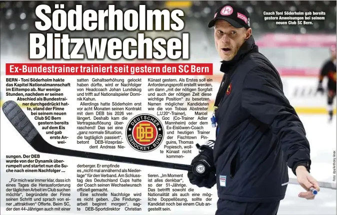  ?? ?? Coach Toni Söderholm gab bereits gestern Anweisunge­n bei seinem neuen Club SC Bern.