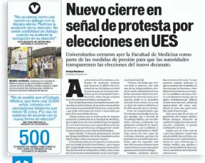  ??  ?? 1.° OCT. 2019 LAS DENUNCIAS REALIZADAS
ESTUDIANTE­S DE LA FACULTAD DE MEDICINA DE LA UES DENUNCIAN QUE SE ENTORPECIÓ EL PROCESO ELECTORAL DEL SECTOR ESTUDIANTI­L, INCLUSO HABLARON DE AMENAZAS E INSULTOS.