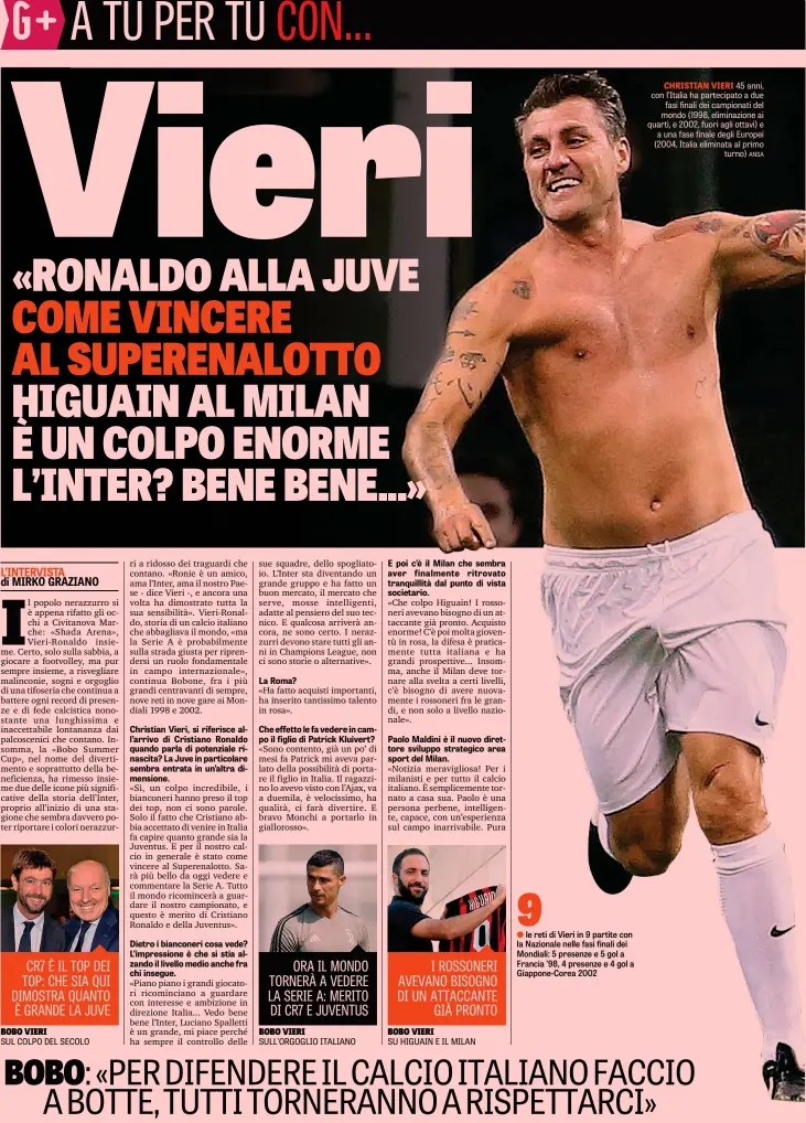  ??  ?? CHRISTIAN VIERI 45 anni, con l’Italia ha partecipat­o a due fasi finali dei campionati del mondo (1998, eliminazio­ne ai quarti, e 2002, fuori agli ottavi) e a una fase finale degli Europei (2004, Italia eliminata al primo turno) ANSA