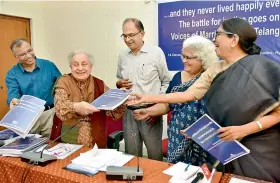  ?? — DC ?? Ms Razia Ismail, president of India Alliance for child Rights, New Delhi (second left) releases a study on child marriages. (From left) R. Venkat Reddy, national convenor of MV Foundation, M.R. Vikram, secretary of MV Foundation, Ms Jandyala Kameshwari...