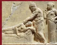  ??  ?? The physician Hippocrate­s (or possibly Asclepius, the god of medicine) treating a female patient. The Greeks believed the womb “wandered” around the body, causing sickness