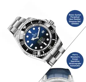  ??  ?? Rolex Oyster Perpetual Sea-dweller Deepsea Ref. 126660 Harry Winston’s Ocean Sparkling Biretrogra­de Automatic