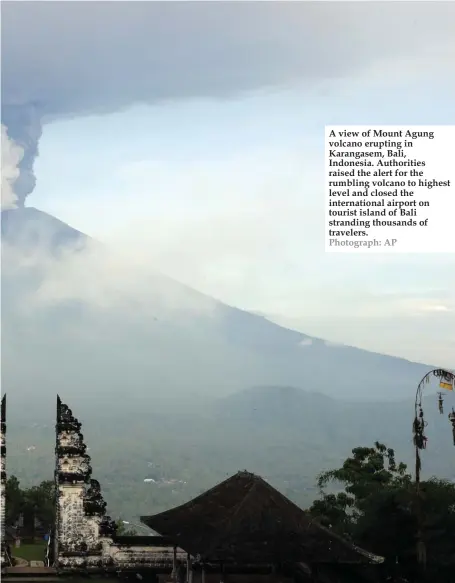  ??  ?? A view of Mount Agung volcano erupting in Karangasem, Bali, Indonesia. Authoritie­s raised the alert for the rumbling volcano to highest level and closed the internatio­nal airport on tourist island of Bali stranding thousands of travelers. Photograph: AP