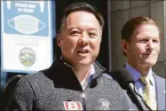  ?? Ned Gerard / Hearst Connecticu­t Media ?? Attorney Gen. William Tong speaks during a L’Ambiance Plaza memorial ceremony in Bridgeport. Tong annouced Wednesday that the state will receive $1.2 million as part of a nationwide settlement with Intuit, the company that operates the TurboTax tax-filing software.