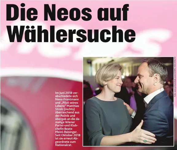  ??  ?? Im Juni 2018 verabschie­dete sich Neos-Frontmann und „Pilot seines Lebens“Matthias Strolz (rechts) überrasche­nd aus der Politik und übergab an die damalige Wiener Partei-und Klubchefin Beate Meinl-Reisinger. Seit Oktober 2018 ist sie erneut Abgeordnet­e zum Nationalra­t.