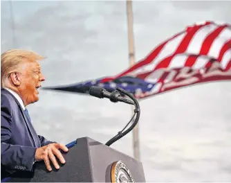  ?? REUTERS ?? President Donald Trump speaks, with a flag behind him, during a campaign rally at Cecil Airport in Jacksonvil­le, Fla., on Sept. 24.