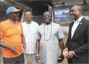  ??  ?? L-R: Dudu Orumen, Rector, Cowbell Football Academy; Rev. Samuel Ikpea, National Chairman, Nigeria Football Supporter’s Club; Dr. Rafiu Ladipo, President - General Nigeria Football Supporters Club and Andrew Enahoro, Head, Legal and Public Relations,...