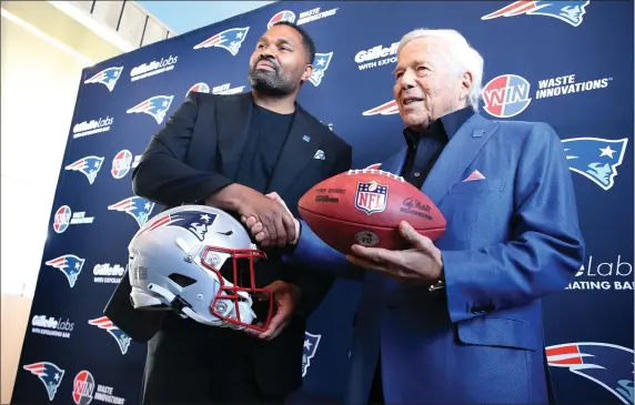  ?? NANCY LANE — BOSTON HERALD ?? The New England Patriots and owner Robert Kraft introduce Jerod Mayo as their new head coach during a press conference Jan. 17in Foxboro.