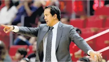  ?? JOHN MCCALL/STAFF PHOTOGRAPH­ER ?? “As long as we’re getting our attackers in the paint, getting opportunit­ies at the rim, being aggressive, we’re not settling, I’m fine with those type of 3-point numbers,” Miami Heat coach Erik Spoelstra says.