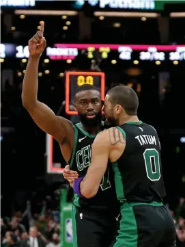 ?? STUART CAHILL / HERALD STAFF FILE ?? RELATIONSH­IP ‘CENTERED AROUND RESPECT’: Jaylen Brown (7) said his bond with Jayson Tatum is stronger than ever.