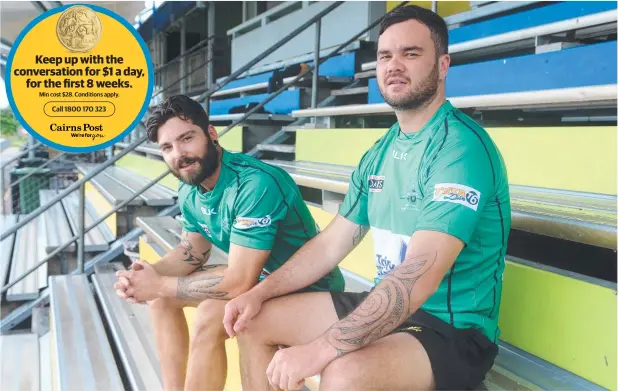  ?? Picture: STEWART MCLEAN ?? REBUILDING TIME: Marcus Johnston and Dylan Copeland are part of the new Wanderers that are almost back in the senior FNQ Rugby competitio­n.