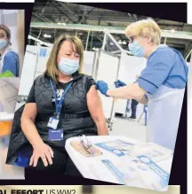  ??  ?? GLOBAL EFFORT US WW2 veteran arrives for jab. Left, vaccinatio­n centre set up inside Salisbury Cathedral