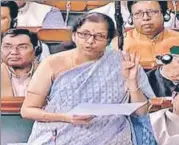  ?? ANI ?? Union finance minister Nirmala Sitharaman during the debate on taxation bill in Lok Sabha on Monday.