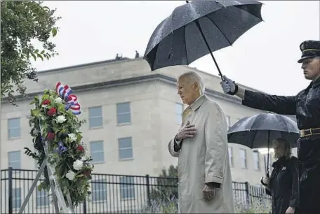  ?? Anna Moneymaker Getty Images ?? PRESIDENT BIDEN attends a wreath-laying ceremony at the Pentagon to mark the 21st anniversar­y of the Sept. 11 terror attacks. The ceremony took place a little more than a year after Biden ended the war in Afghanista­n that the U.S. launched in response to the attacks.
