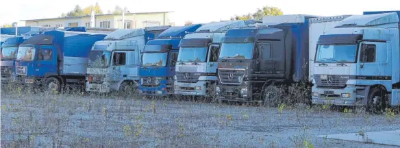  ?? FOTO: HARALD RUPPERT ?? Diese Lastwagen wurden offenbar lange nicht bewegt: Auf dem Gelände des Transportu­nternehmen­s wachsen Bäumchen.