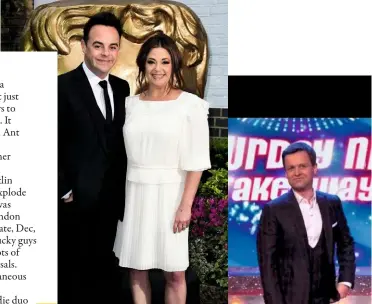  ??  ?? Ant with wife Lisa in 2015; Dec goes solo, presenting Saturday Night Takeaway; the duo with their clutch of National Television awards in January