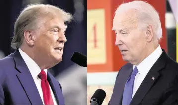  ?? BRYON HOULGRAVE AP ?? This combinatio­n photo shows Republican former President Donald Trump during a Nov. 18, 2023 rally in Fort Dodge, Iowa and President Joe Biden during a Hanukkah reception at the White House on Dec. 11, 2023.