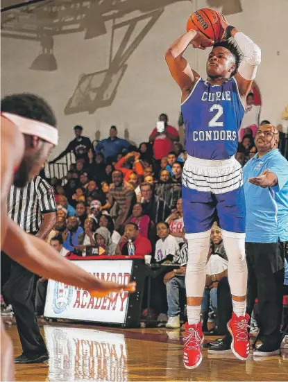  ?? | ALLEN CUNNINGHAM/ FOR THE SUN- TIMES ?? Elijah Joiner hits one of his six three- pointers, part of a 40- point game, to lead Curie on Tuesday.