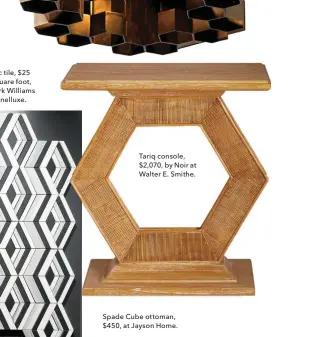  ??  ?? Mosaic tile, $25 per square foot, by Mark Williams for Stonelluxe. Tariq console, $2,070, by Noir at Walter E. Smithe. Spade Cube ottoman, $450, at Jayson Home.