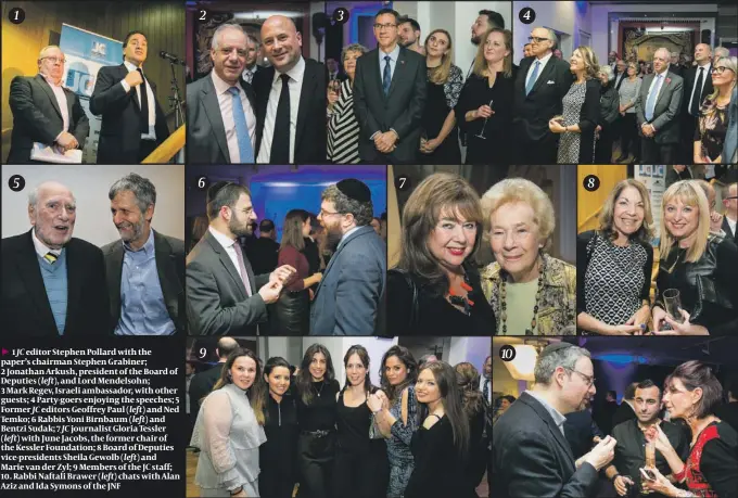  ??  ?? 1 JC editor Stephen Pollard with the paper’s chairman Stephen Grabiner; 2 Jonathan Arkush, president of the Board of Deputies ( left), and Lord Mendelsohn; 3 Mark Regev, Israeli ambassador, with other guests; 4 Party-goers enjoying the speeches; 5...