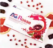  ?? ?? AG Rosse
AG Rosse is a women’s health drink that comprises seven natural ingredient­s: Morosil™ , Damiana Leaf Extract, Pomegranat­e, Cranberry, Roselle Flower, Dates and L-Cystine that will help boost your internal health.