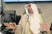  ?? [AP PHOTO] ?? Khalid Al-Falih Minister of Energy, Industry and Mineral Resources and President of the OPEC Conference of Saudi Arabia speaks to journalist­s before the start of Thursday’s meeting of the Organizati­on of the Petroleum Exporting Countries, OPEC, at...