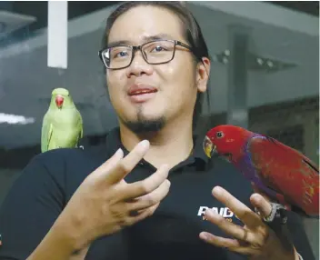  ?? SUNSTAR FOTO / ALEX BADAYOS ?? WINGED FRIENDS. John Mendoza keeps 22 birds of five different species as pets. He advises fellow bird lovers to buy birds only from shops accredited by the Department of Environmen­t and Natural Resources.