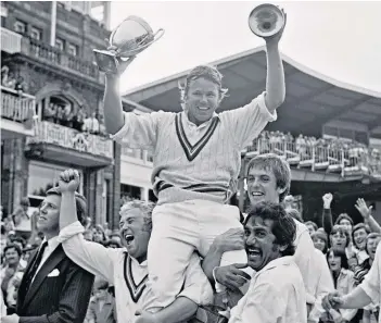  ?? ?? Champion show: Mike Procter is hoisted aloft at Lord’s after Gloucester­shire defeated Kent to win the B&H Cup in 1977; and (below) playing in a charity match in 2012