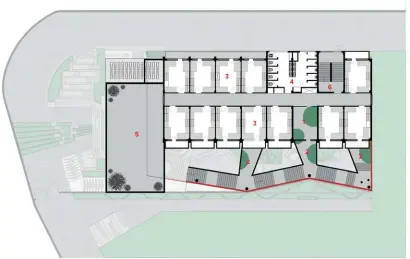  ??  ?? SECOND FLOOR PLAN 1. LOUNGE
2. CONNECTING BRIDGES 3. ROOMS
4. TOILETS
5. TERRACE
6. STAIRS